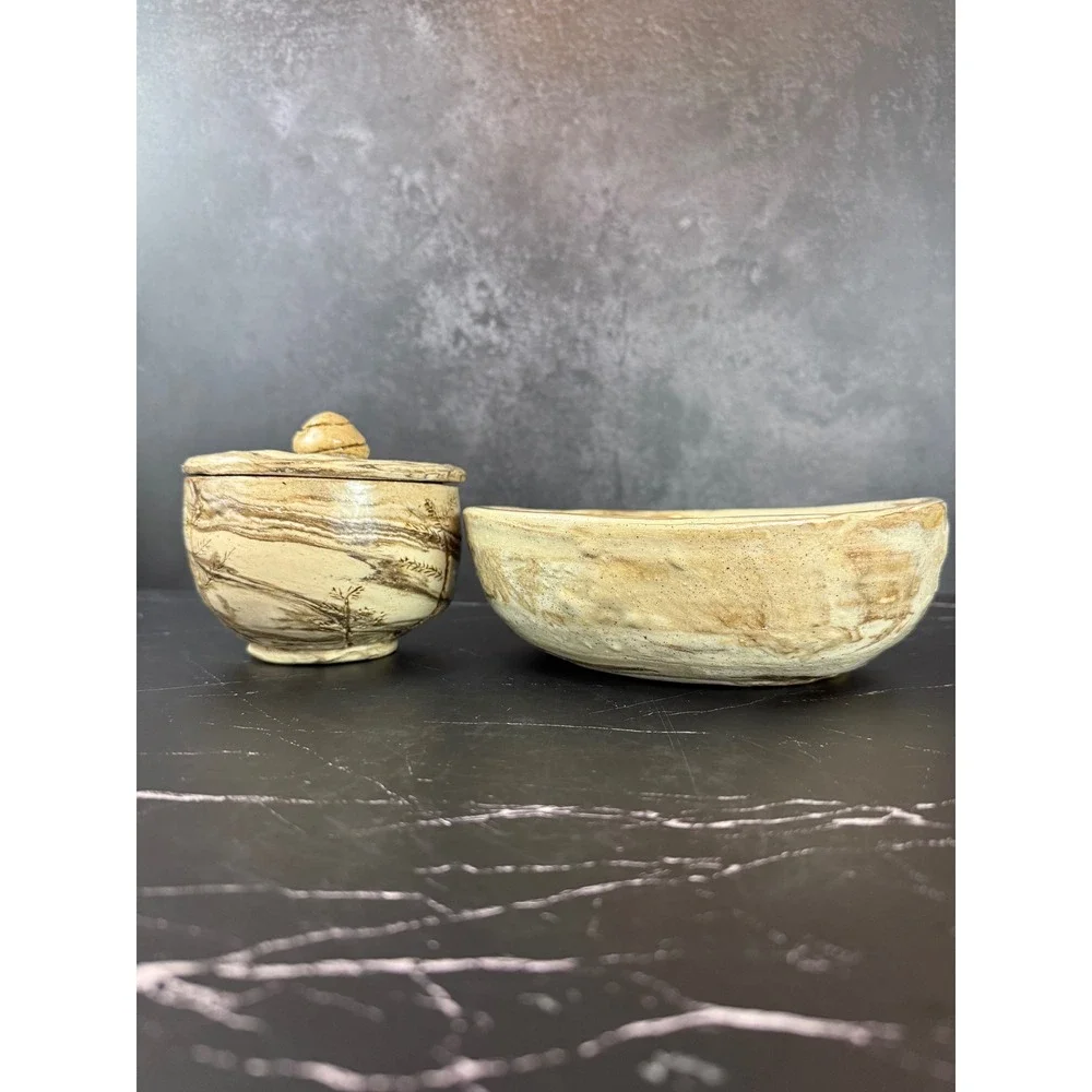 Vintage Handmade‎ Stoneware 2 Piece Bowl Set Rustic Heavy Signed Studio Pottery